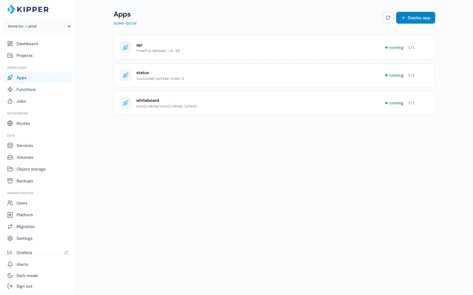 Kipper console apps list showing three running apps with their container images