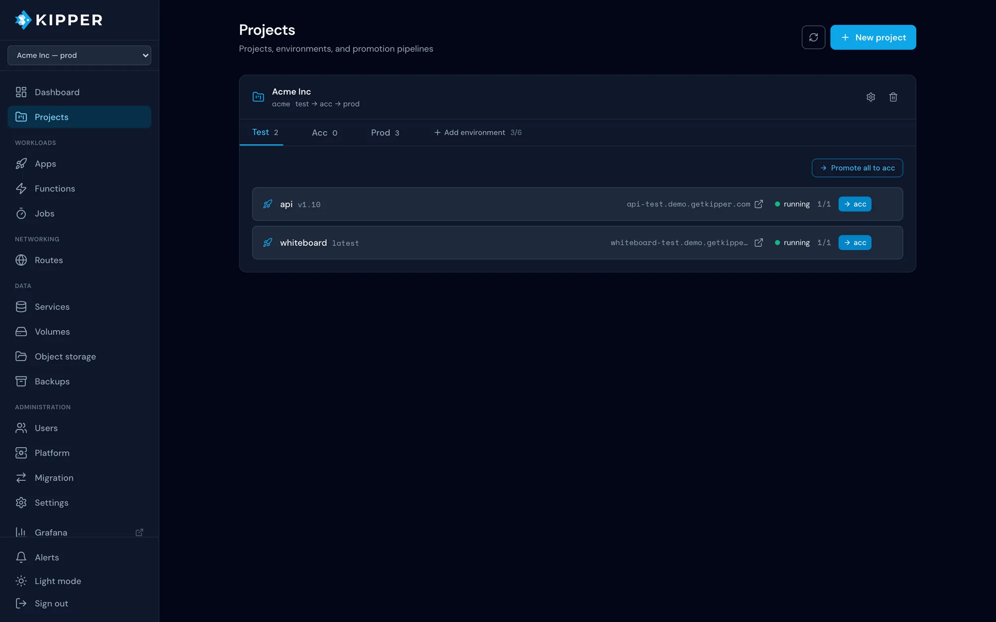 Kipper console project view showing the test, acc and prod environments with promotion controls