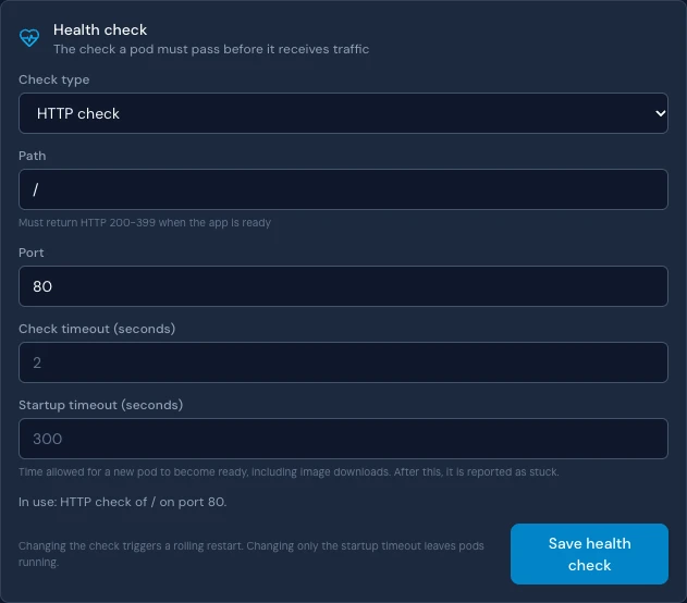 Kipper's Health check settings: HTTP check, path /, port 80, and the status In use: HTTP check of / on port 80