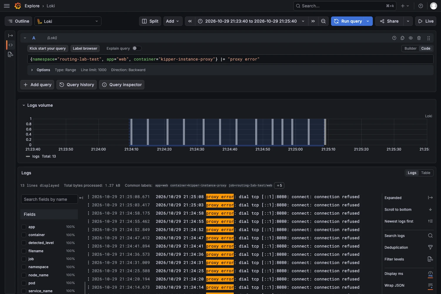Grafana Explore querying Loki for the temporary app's instance-proxy errors. The results repeatedly show connection refused on port 8080.